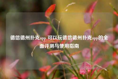 德信德州扑克app 可以玩德信德州扑克app的全面评测与使用指南