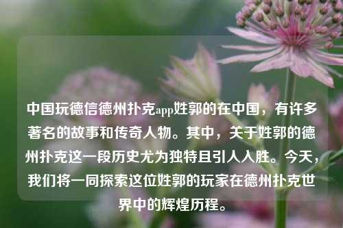 中国玩德信德州扑克app姓郭的在中国，有许多著名的故事和传奇人物。其中，关于姓郭的德州扑克这一段历史尤为独特且引人入胜。今天，我们将一同探索这位姓郭的玩家在德州扑克世界中的辉煌历程。