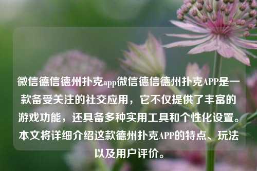 微信德信德州扑克app微信德信德州扑克APP是一款备受关注的社交应用，它不仅提供了丰富的游戏功能，还具备多种实用工具和个性化设置。本文将详细介绍这款德州扑克APP的特点、玩法以及用户评价。
