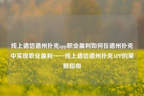 线上德信德州扑克app职业盈利如何在德州扑克中实现职业盈利——线上德信德州扑克APP的策略指南