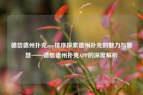 德信德州扑克app排序探索德州扑克的魅力与智慧——德信德州扑克APP的深度解析
