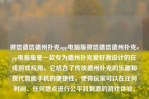 微信德信德州扑克app电脑版微信德信德州扑克app电脑版是一款专为德州扑克爱好者设计的在线游戏应用。它结合了传统德州扑克的乐趣和现代智能手机的便捷性，使得玩家可以在任何时间、任何地点进行公平且刺激的游戏体验。