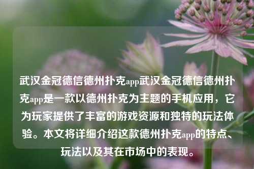 武汉金冠德信德州扑克app武汉金冠德信德州扑克app是一款以德州扑克为主题的手机应用，它为玩家提供了丰富的游戏资源和独特的玩法体验。本文将详细介绍这款德州扑克app的特点、玩法以及其在市场中的表现。