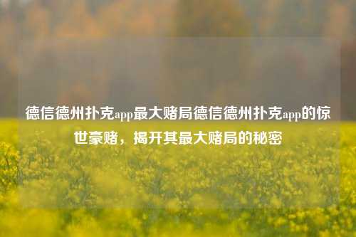 德信德州扑克app最大赌局德信德州扑克app的惊世豪赌，揭开其最大赌局的秘密
